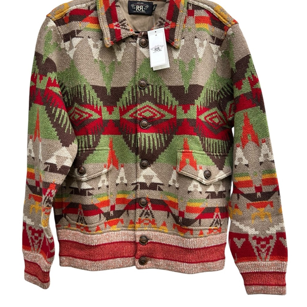 RRL Ralph Lauren Men’s Medium Southwestern Wool Blend Aztec Sweater Jacket $1200 - Picture 2 of 11